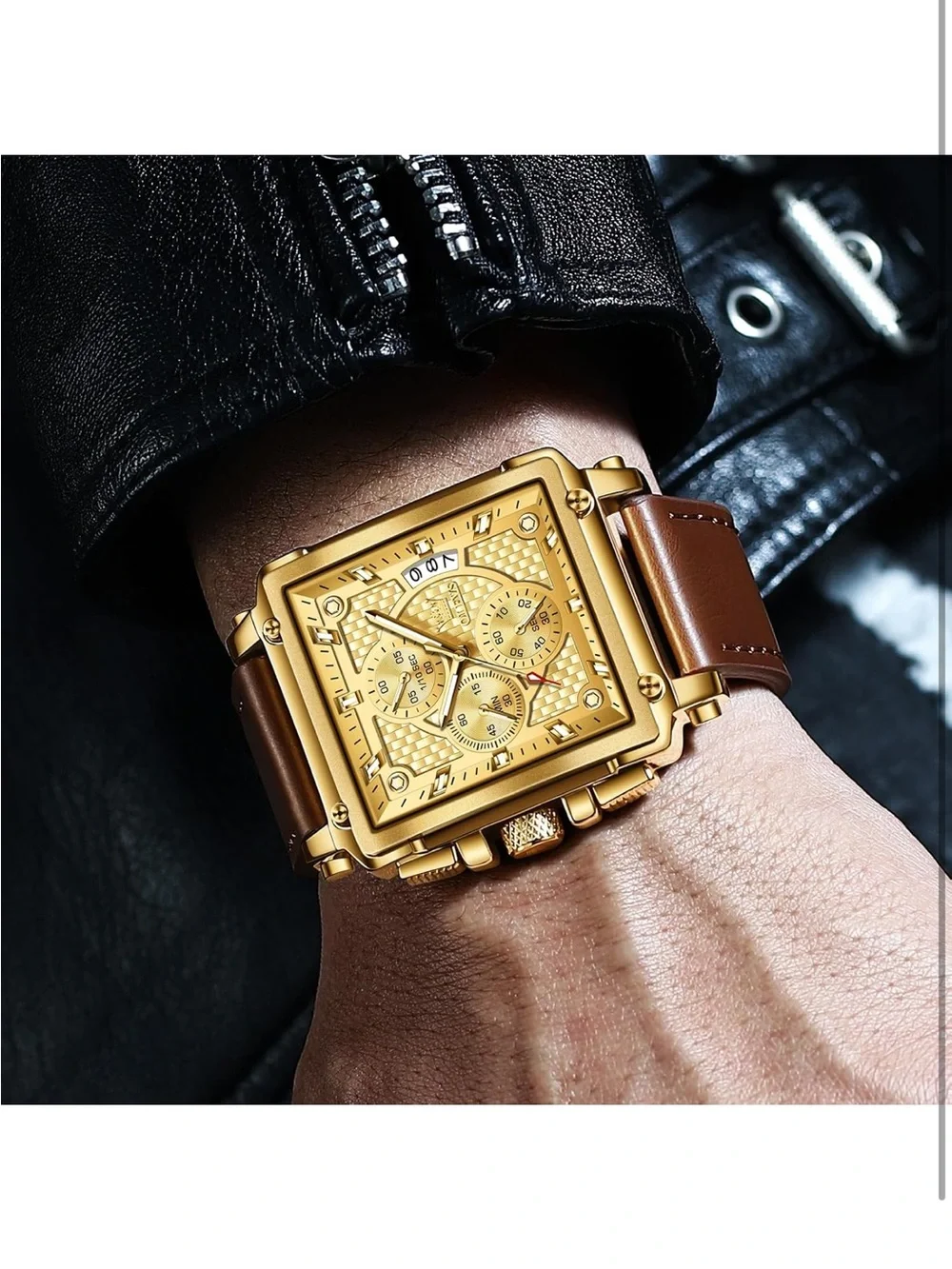 OLEVS Golden Square Chronograph Watch with Brown Leather Strap